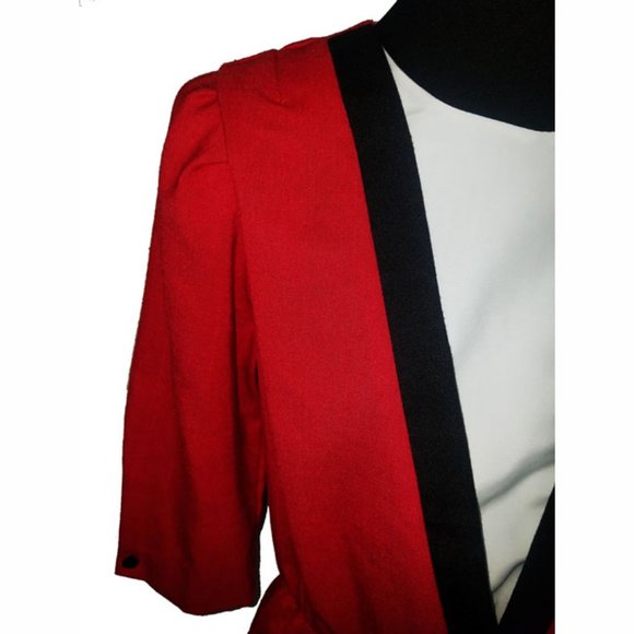 Vtg 80s Red Black White Peplum Dress 12 - Picture 3 of 7